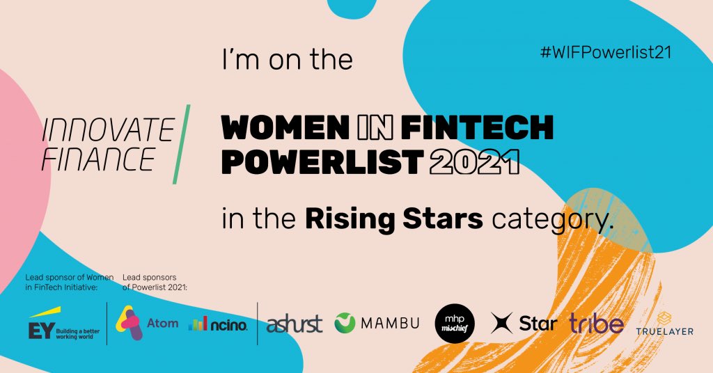 I’m absolutely delighted to announce that I’m on the <a href="/InnFin/">Innovate Finance</a> Women in Fintech Powerlist 2021 in the 'Rising Stars' category! 🥳⭐️ 

Check out the full list here: lnkd.in/eA6AicWF #WIFPowerlist21 #InnovateFinance #IWD