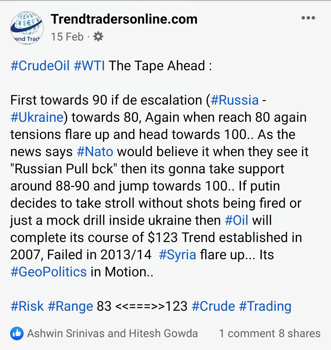 trendtrader3333's tweet photo. $Crude Target Achieved @ 123, What next for #Oil? 

#Crude #CrudeOil #UkraineRussianWar #Economy #Energy #Trading https://t.co/mRnkAF8TZN