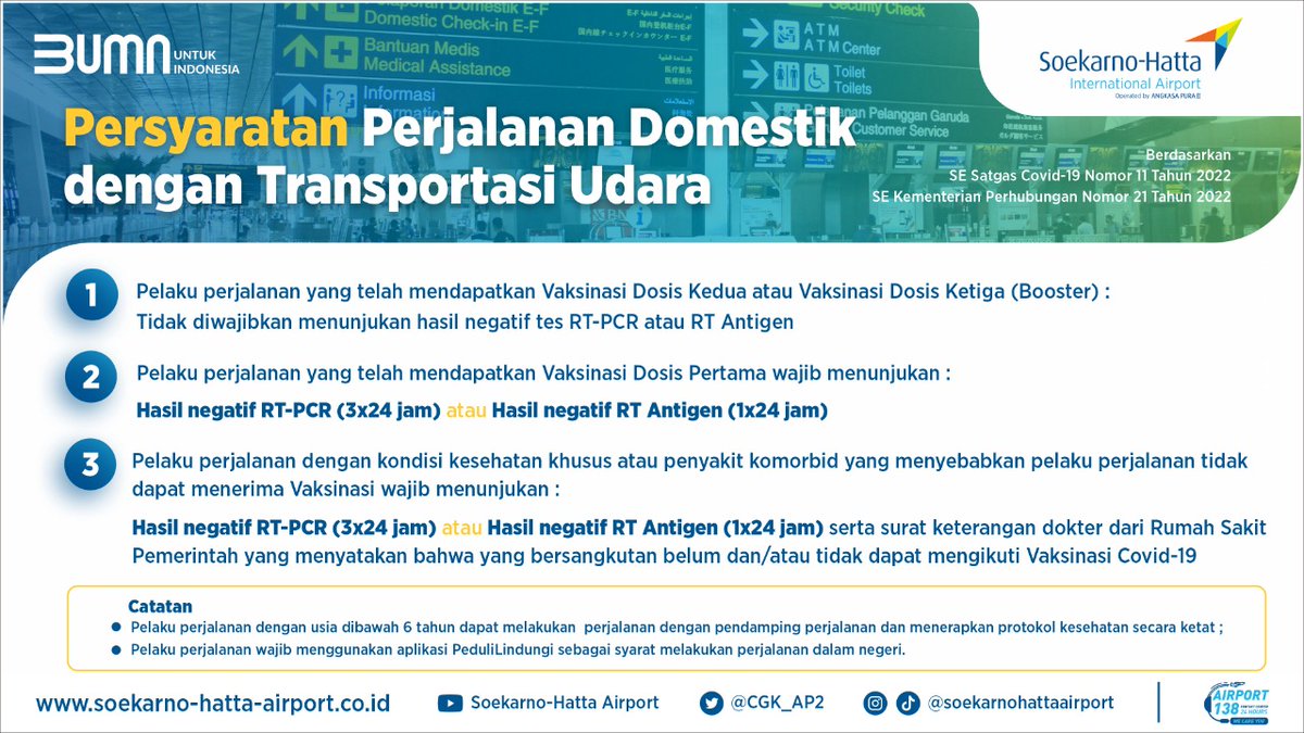 soettaairport's tweet photo. Berikut informasi terbaru persyaratan perjalanan domestik dalam negeri.
Bagi #SobatCGK yg sudah vaksin kedua/ ketiga (booster) sudah tidak diwajibkan untuk melakukan tes covid-19!
Walaupun begitu,harus tetap patuhi protokol kesehatan ya! 
Stay safe &amp; keep healthy!

@AngkasaPura_2 https://t.co/1PLDatjGUH