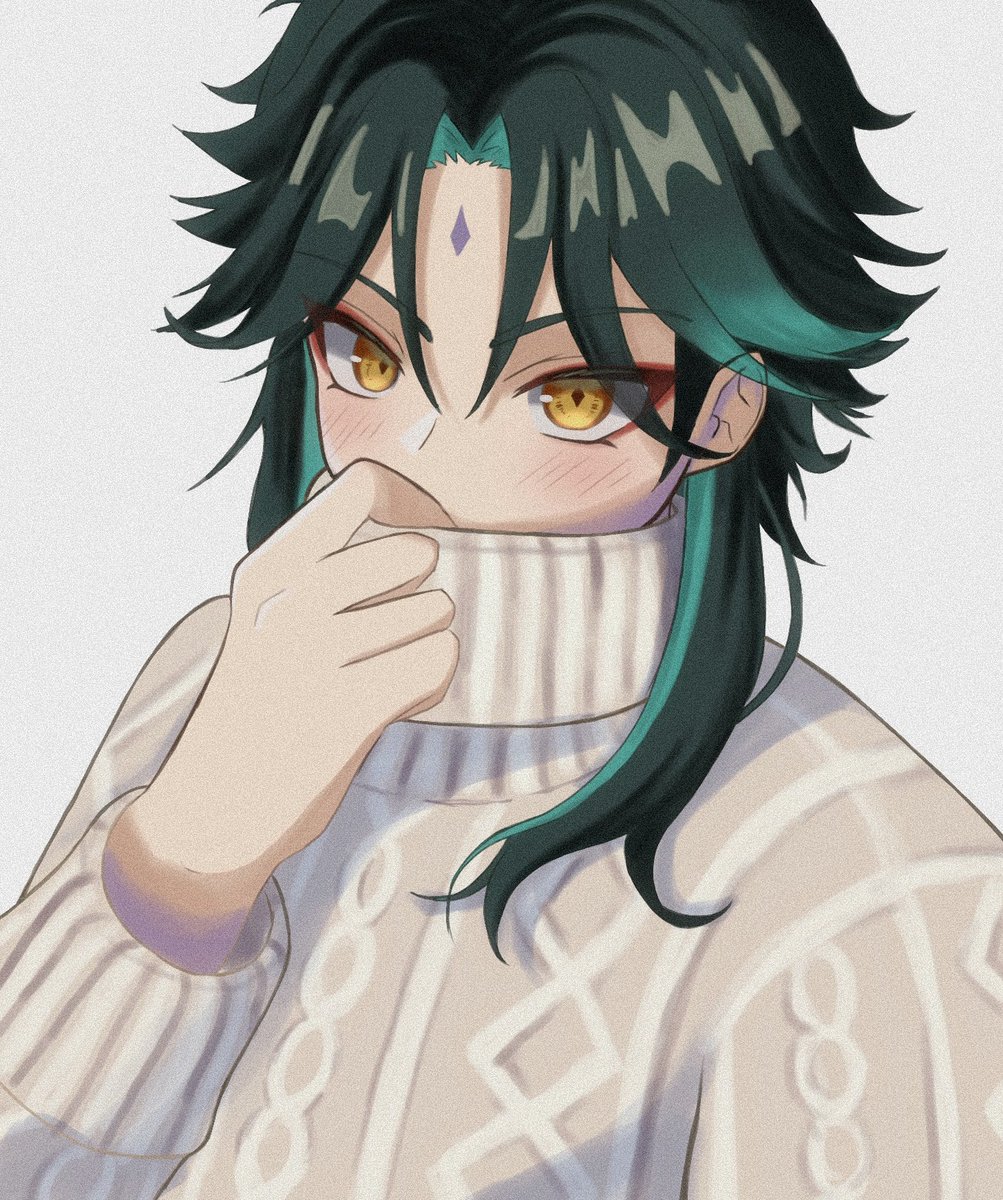 xiao (genshin impact) 1boy male focus solo sweater yellow eyes green hair simple background  illustration images