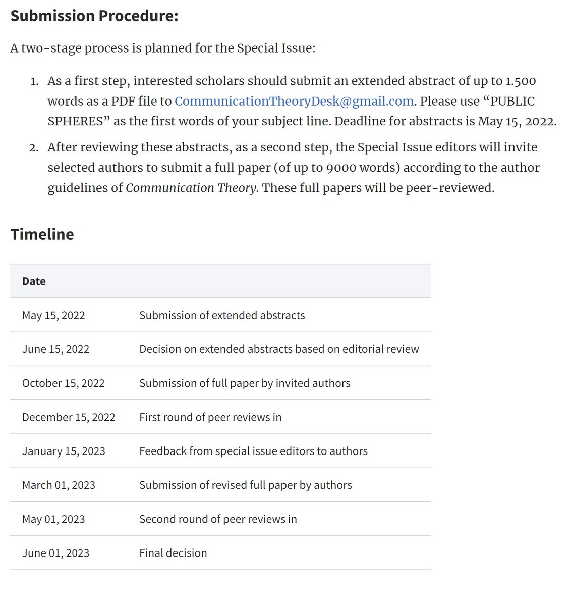 Mike S. Schäfer (@mss7676) on Twitter photo 📢CALL FOR PAPERS: Reconceptualizing Public Sphere(s) in the Digital Age?
Special Issue of #CommunicationTheory on the Role & Future of #PublicSphere #Theory
▫️ed. w/ <a href="/Mark_Eisenegger/">Mark Eisenegger</a>
▫️2-step submission process
▫️Deadline for extended abstracts May 15, 2022
Pls share widely🙏 📢CALL FOR PAPERS: Reconceptualizing Public Sphere(s) in the Digital Age?
Special Issue of #CommunicationTheory on the Role & Future of #PublicSphere #Theory
▫️ed. w/ <a href="/Mark_Eisenegger/">Mark Eisenegger</a>
▫️2-step submission process
▫️Deadline for extended abstracts May 15, 2022
Pls share widely🙏