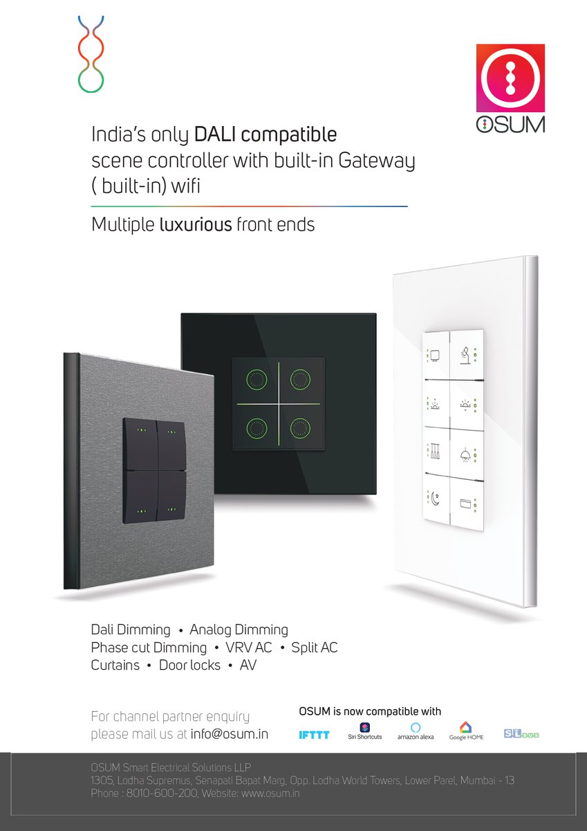 Smart_HomeWorld's tweet photo. OSUM Smart Innovations, presents
India's only DALI compatible scene controller with built-in Gateway (built-in) WIFI, multiple luxurious front ends.
To know more visit , https://t.co/aYMVHysaxv
#contact info@osum.in
#SmartHomeWorld #OSUM #DaliCompatible #SmartInnovations https://t.co/Ml0Fpev0od