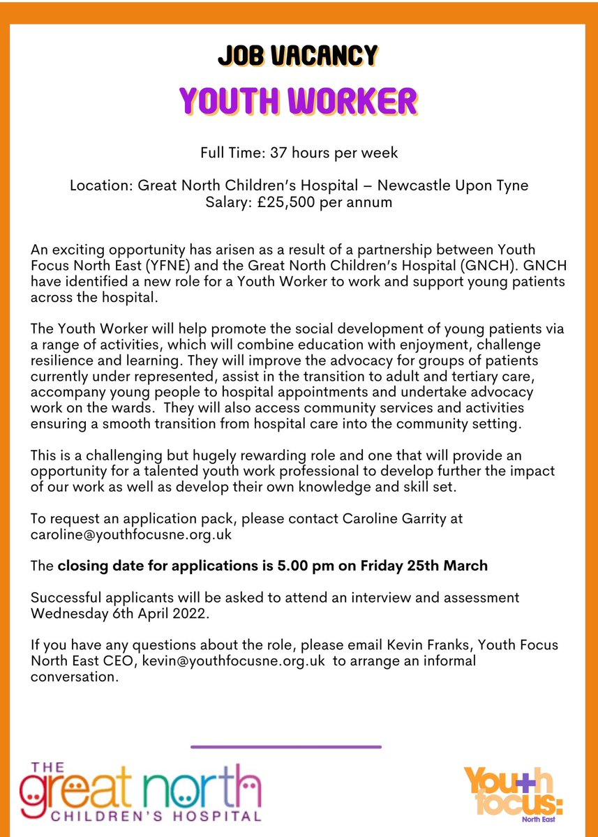 We're hiring! 
1 x Youth Worker based at Great North Children's Hospital
Request an application by emailing caroline@youthfocusne.org.uk
DEADLINE - Friday 25th March, 5.00 pm.  Interviews will take place Wednesday 6th April.
Any questions? Contact kevin@youthfocusne.org.uk