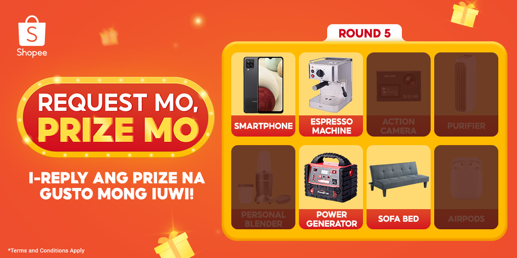ShopeePH's tweet photo. 🧡 3.3-3.15 MEGA GIVEAWAY 🧡

Last four prizes, Shopee Fam! Iboto niyo na ang premyong ayaw niyong ma-eliminate!

I-reply rin kung aling prize ang gustong mapalanunan at samahan ng #RequestMoPrizeMo for a chance to win a voucher!

T&amp;Cs: https://t.co/kbbl0XD37B https://t.co/6y8gOLJxGN