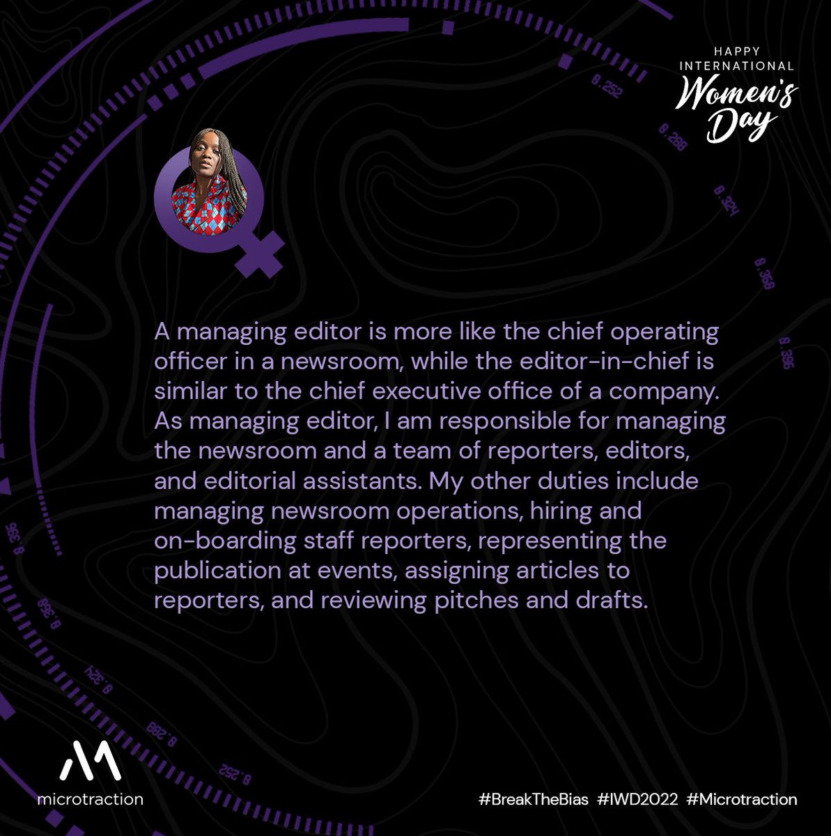 microtraction's tweet photo. Meet @Koromone_K, Managing and Acting Editor in Chief @TechCabal 🚀

#BreakTheBias #IWD2022 #Microtraction https://t.co/v8JiVRF7gA