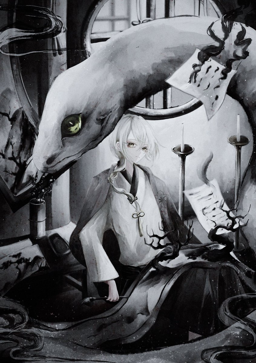 1boy male focus scroll snake japanese clothes candle sitting  illustration images