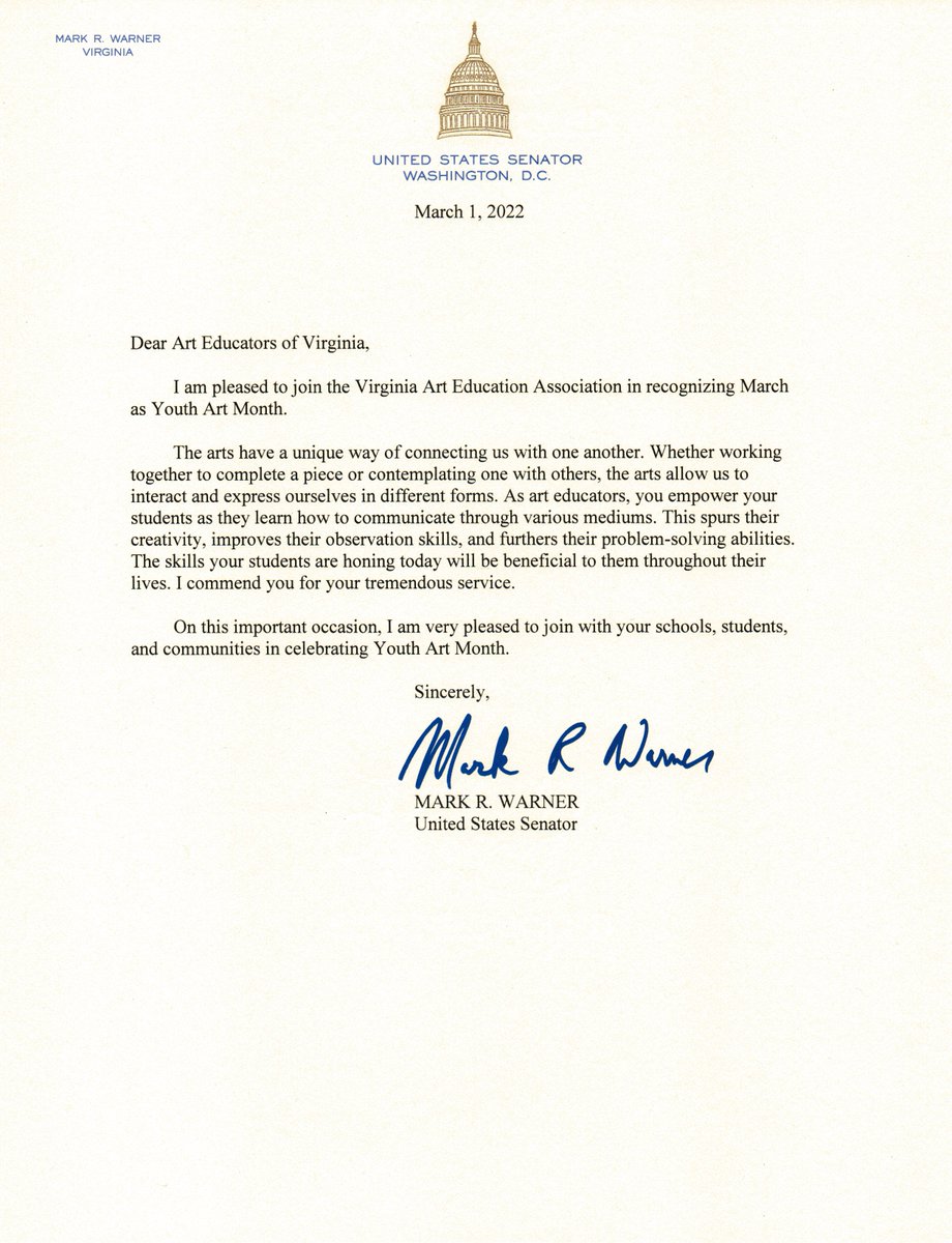 'The Arts have a unique way of connecting us with one another.' Thank you Senator Warner for recognizing March as Youth Art Month! #vaartedyam22