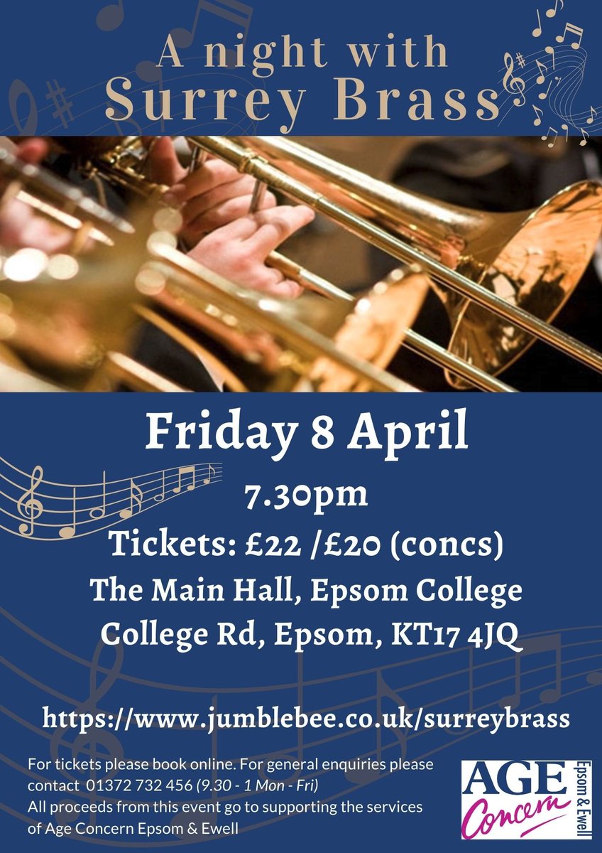 It’s Age Concern Epsom &amp; Ewell’s 75th Anniversary and the year of our Queen’s Platinum Jubilee! Celebrate in style with music from Surrey Brass at Epsom College on the 8th April. Get your ticket before they sell out! <a href="/AgeConcernEpsom/">Age Concern Epsom</a>