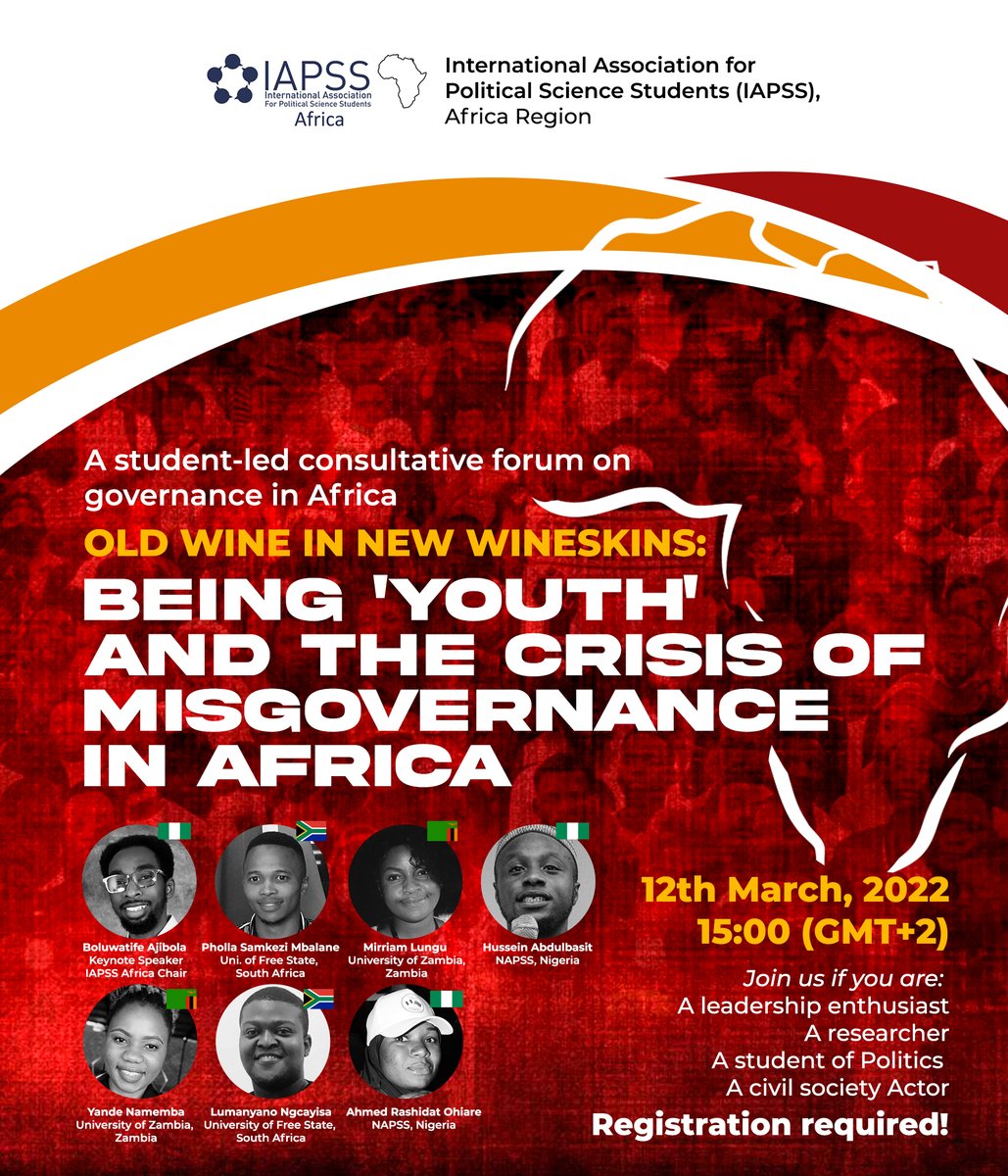 On 12 March 2022, join IAPSS Africa on their consultative forum, OLD WINE IN NEW WINESKINS: BEING ‘YOUTH’ AND THE CRISIS OF MISGOVERNANCE IN AFRICA!

Are you interested? Register here: lnkd.in/eDnv4t-D