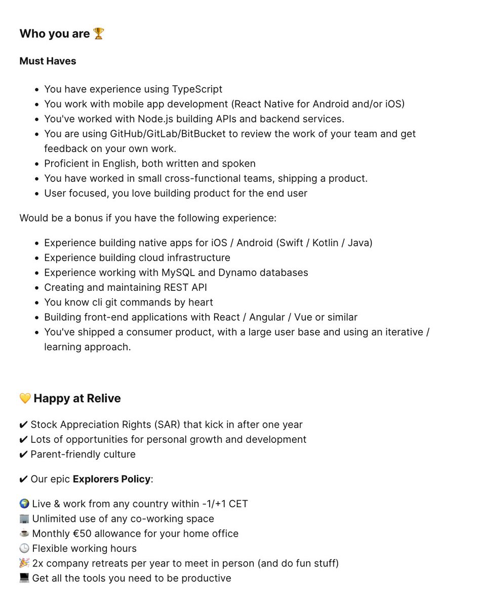 Featured job of the day: Full Stack Engineer at <a href="/relivecc/">Relive</a>.

€55-75K + equity, Remote (EU).

"Help with getting everyone exploring the outdoors and living a healthy and active life. More than 14M users today, growing 100% year-on-year."

Details &amp; apply: pragmatic-engineer.pallet.com/jobs/39a5638a-…