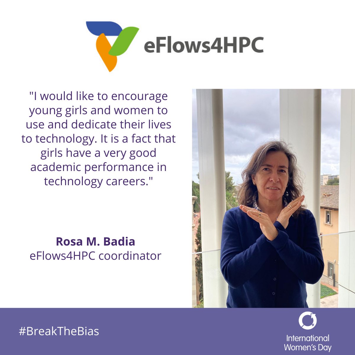 To celebrate International Women's Day #IWD2022 💜, we'd like to #BreakTheBias with the interview of our coordinator <a href="/rosabadia/">Rosa M. Badia</a>  and promote female technical careers #WomenInStem." 

👉Read the full interview here: eflows4hpc.eu/1954-2/