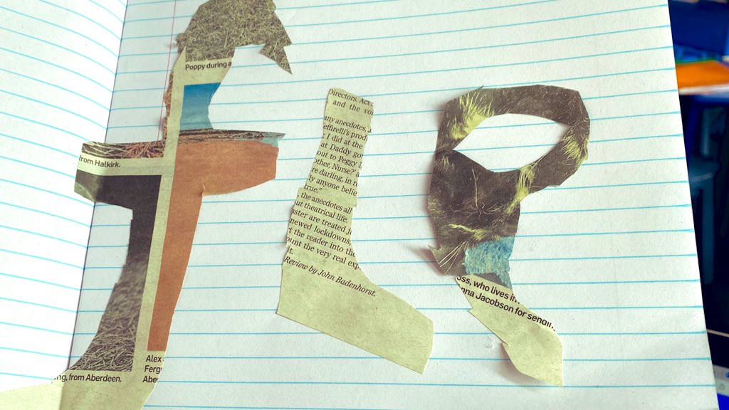 MsCRoche's tweet photo. I asked them to cut letters out of the newspapers to make their #spelling words…..he’s not wrong. He couldn’t fit his “w” in though 😂 #LiteralThinker https://t.co/FNJA2nJLHN