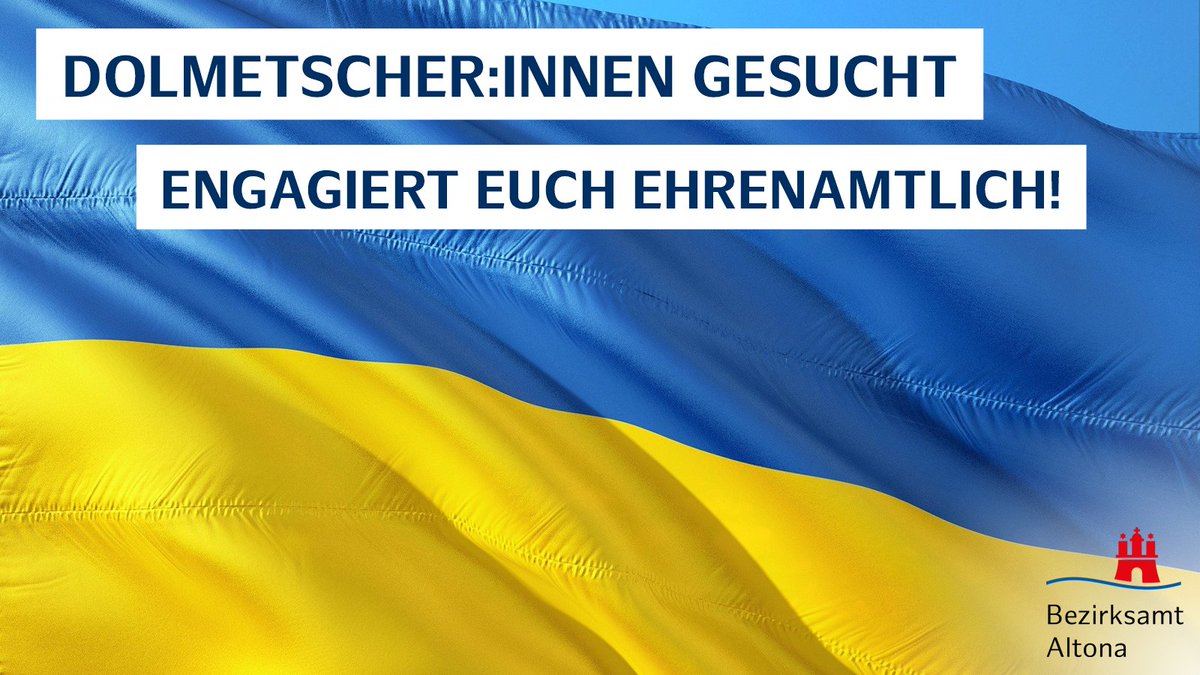 BA_Altona's tweet photo. Wir suchen Personen, die ukrainisch oder russisch sprechen und sich #ehrenamtlich für einige Stunden engagieren möchten: Wenn ihr euch vorstellen könnt, Schutzsuchenden aus der #Ukraine bei Behördengängen zur Seite zu stehen, schreibt an lars.schmidt-vonkoss@altona.hamburg.de 🙏 https://t.co/ZjyBI0T5cA