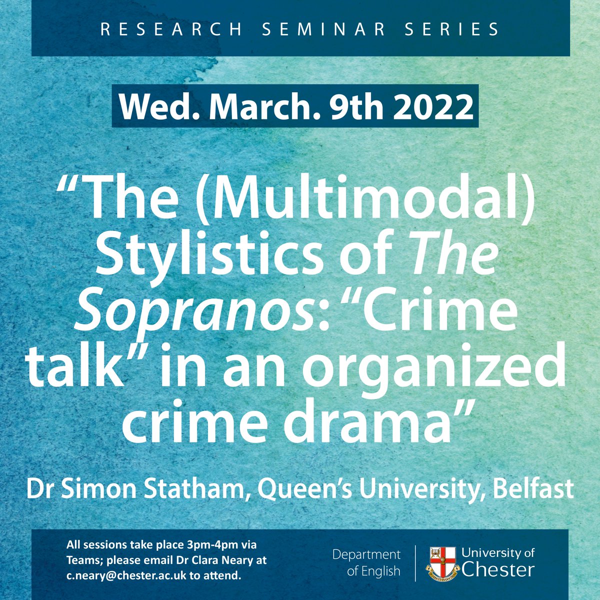 Final reminder of tomorrow's #ChesterStylistics research seminar featuring <a href="/simonstatham01/">Simon Statham</a> doing a multimodal stylistic analysis of The Sopranos 😎. Really looking forward to it, Simon!! The link is available to all here: teams.microsoft.com/l/meetup-join/…