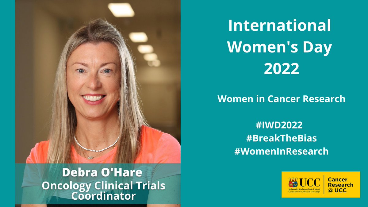 CanResUCC's tweet photo. 09/13 Debra O'Hare has managed the Oncology #ClinicalTrials Unit @CUH_Cork since 2003. Her focus is on providing equitable access to cutting edge diagnostics, treatments & supportive care for patients with Cancer. @CancerTrialCork
#IWD2022 #BreakTheBias #UCCCancerTrialsGroup https://t.co/daecu87X4V