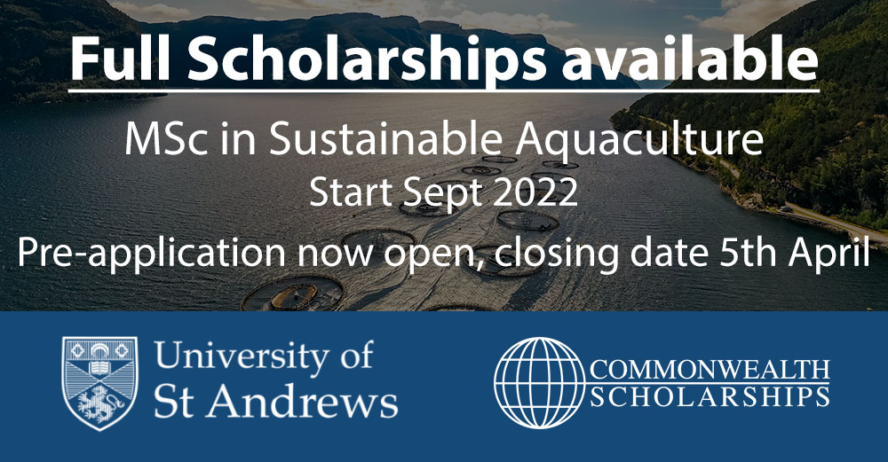 Aquaculture Courses (@sus_aquaculture) on Twitter photo 🌐ONLY 4 WEEKS left to apply for 1 of 15 fully funded places on an MSc in Sustainable Aquaculture from the University of St Andrews.🌐
Deadline is 5th April 2022, pre-application is open NOW
docs.google.com/forms/d/e/1FAI……
<a href="/univofstandrews/">University of St Andrews</a> <a href="/commschols/">CSC in the UK</a> #aquaculture #education 🌐ONLY 4 WEEKS left to apply for 1 of 15 fully funded places on an MSc in Sustainable Aquaculture from the University of St Andrews.🌐
Deadline is 5th April 2022, pre-application is open NOW
docs.google.com/forms/d/e/1FAI……
<a href="/univofstandrews/">University of St Andrews</a> <a href="/commschols/">CSC in the UK</a> #aquaculture #education