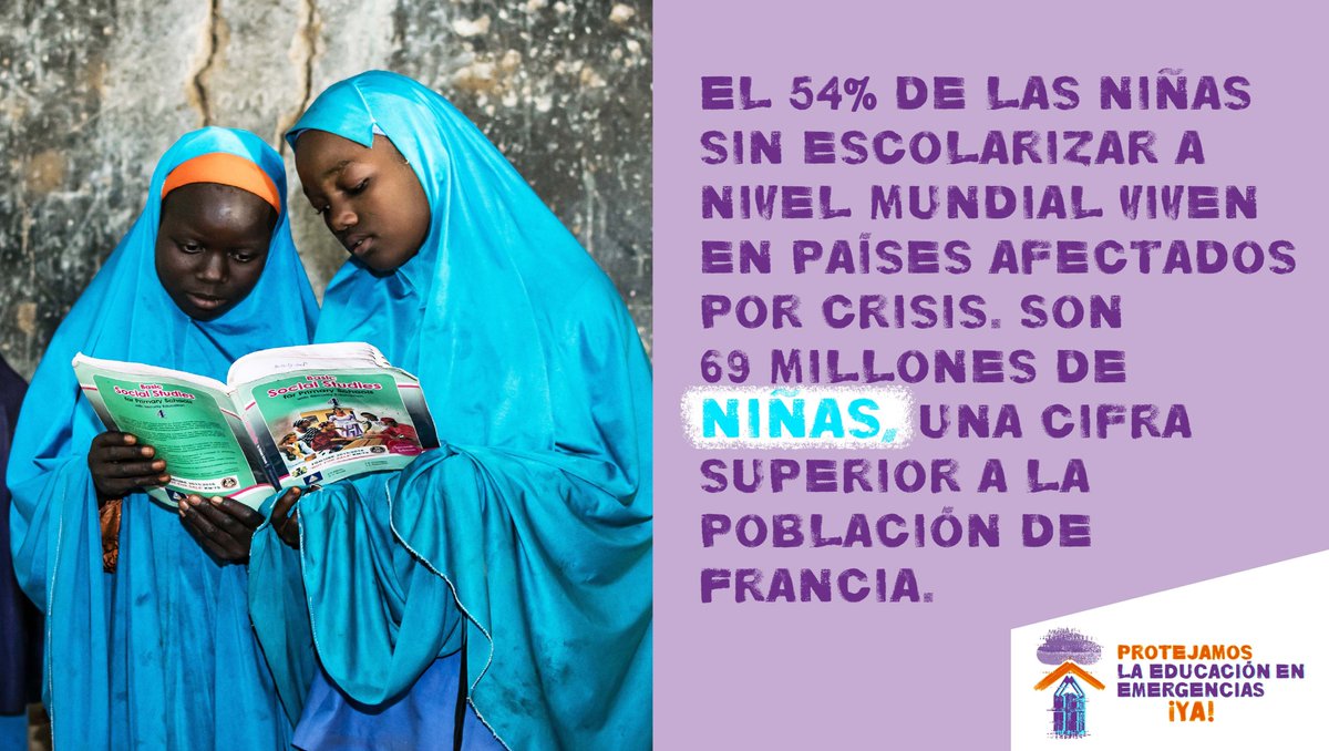 En comparación con las medias mundiales, en los contextos de #emergencia hay + del doble de #niñas sin escolarizar, lo cual hace que sean más vulnerables frente a la violencia, el acoso y el matrimonio infantil. 
¡ Protejamos la #educacióndelasniñas! 

#Diadelamujer #8M
