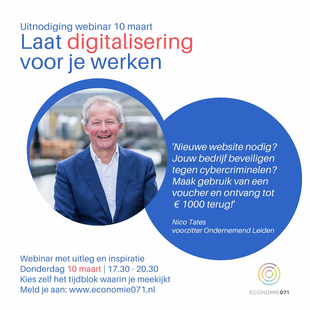 Ben jij van plan een #voucher voor digitalisering aan te vragen? Volg dan 10 maart de webinar met uitleg over de procedure. Kijk 15 min. mee en vergroot zo jouw kans op toekenning. Mooie kans mkb #Leiden!

Info: bit.ly/webinar10maart. Aanmelden: economie071.live/register
