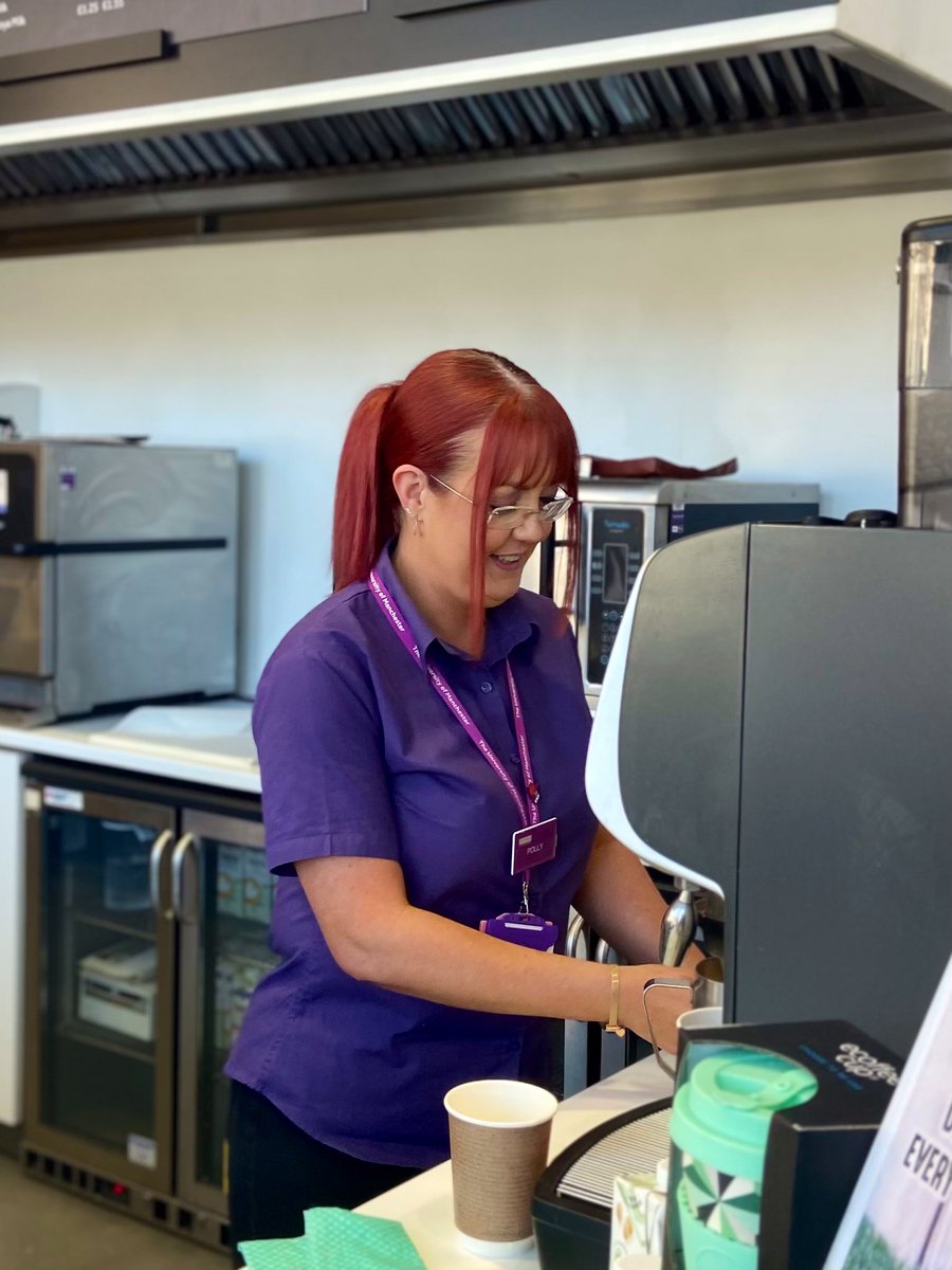 Unicafemcr's tweet photo. On #IWD2022 here’s to the women who keep us fed & caffeinated on campus 💪
This is Polly, who is hard at work at Alan Gilbert Cafe today, but can often be found at Cafe Connect (alongside Tina!) @uom_mecd #CoffeeWithASmile https://t.co/Ws3bT3dP8V