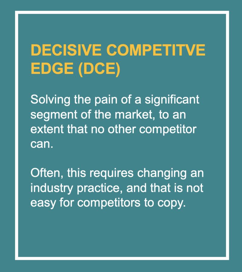 Decisive competitive edge (DCE) refers to a significant sustainable market advantage over competitors. Often, we find that sales people are unaware of the real pains of their customers .An indepth understanding of the pains is the starting point for identifying a potential DCE.