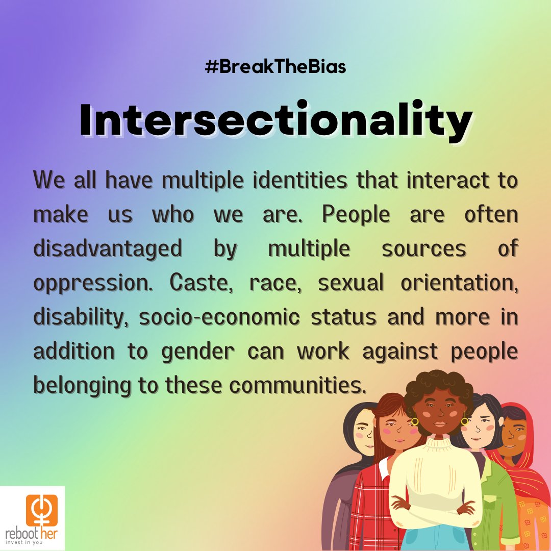 rebootHer's tweet photo. Let's #BreakTheBias with an intersectional lens.
“If we aren’t intersectional, some of us, the most vulnerable, are going to fall through the cracks.”
– Kimberlé Crenshaw
#Intersectionality #BiasesAtWorkplace #DEI #Diversity #Inclusion #WomenAtWork #IWD2022 #RebootHer https://t.co/a5m7j1TtMb
