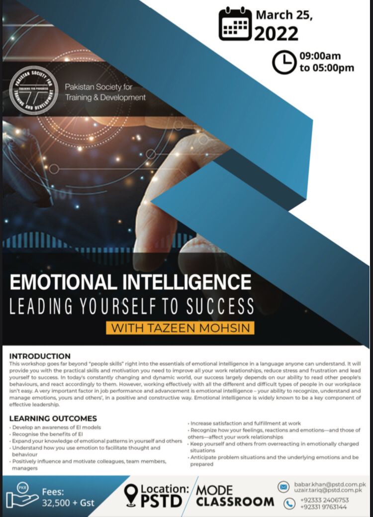 PstdSocialmedia's tweet photo. For registration and details contact  babar.khan@pstd.com.pk / uzair.tariq@pstd.com.pk or call on 03332406753 / 03319763144

.

#ei #emotionalintelligence #softskills #pstd #skillsdevelopment #enagagedlearning #learningbydoing #corporatetraining #success #learning https://t.co/LFAydOUnOB