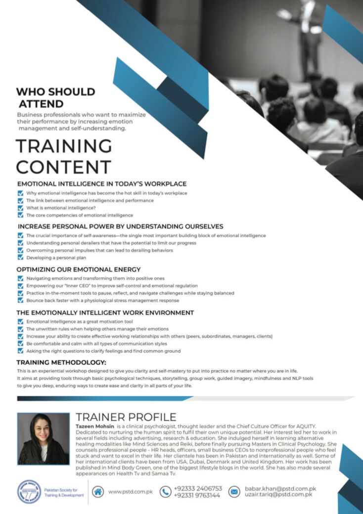 PstdSocialmedia's tweet photo. For registration and details contact  babar.khan@pstd.com.pk / uzair.tariq@pstd.com.pk or call on 03332406753 / 03319763144

.

#ei #emotionalintelligence #softskills #pstd #skillsdevelopment #enagagedlearning #learningbydoing #corporatetraining #success #learning https://t.co/LFAydOUnOB