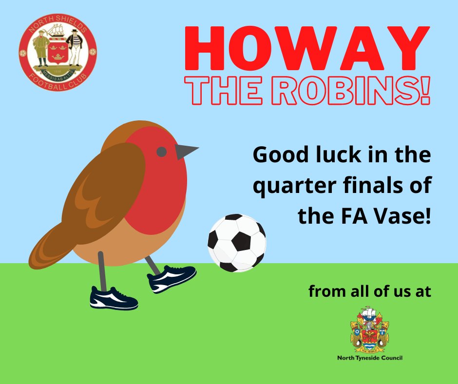 Howay the Robins!

This Saturday, North Shields FC travel to Littlehampton for the quarter finals of the FA Vase.

Good luck to the whole team! 🤞🤞 

Keep doing the North East proud!