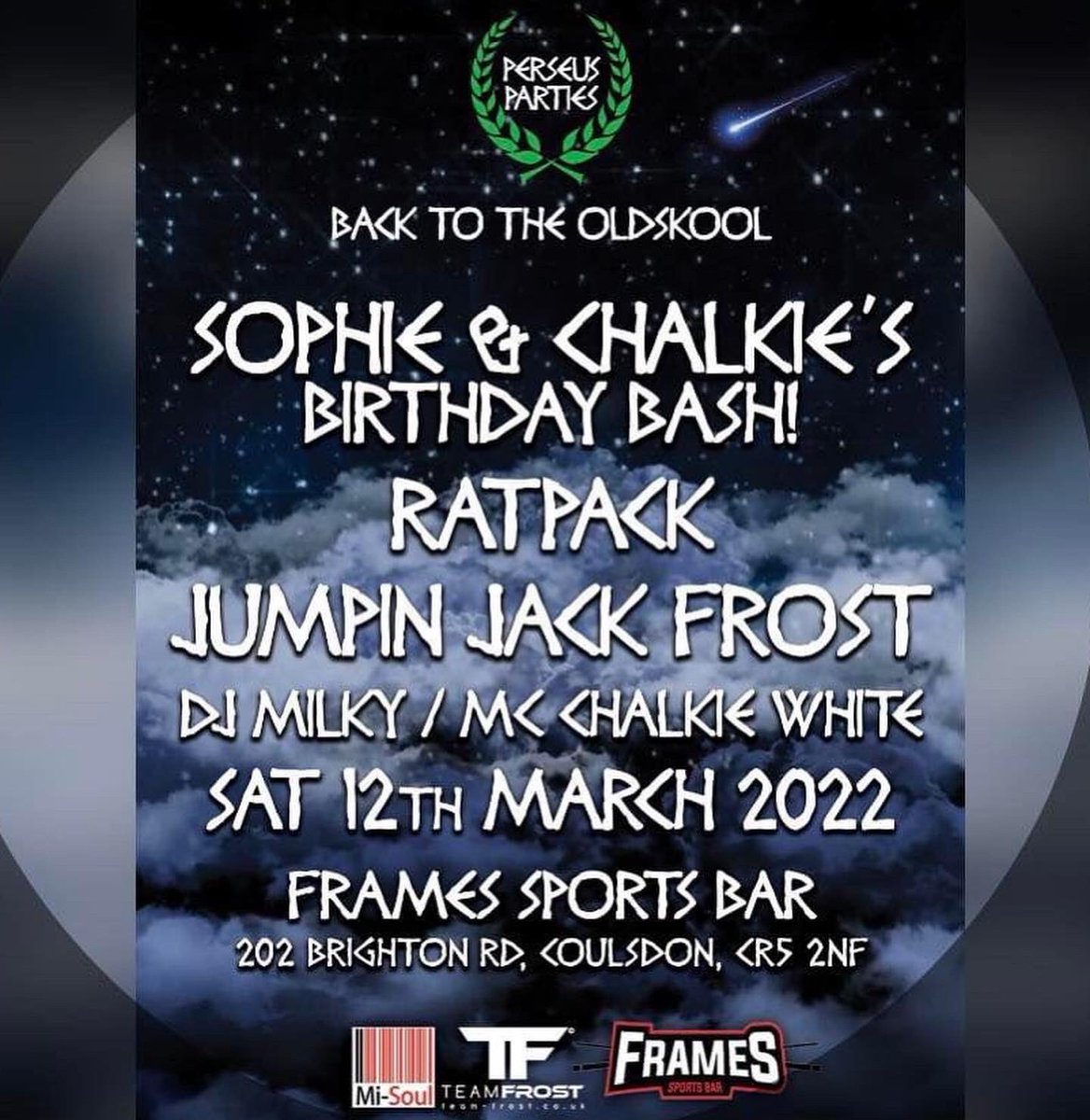 Happy 56th birthday 🎉 to our MC Chalkie White. Wishing him a fantastic day 💃🕺🎉➡️ deftickets.co.uk/events/2681006… #birthdaybash #celebrations🎉 #framessportsbar #coulsdon #matureravers #over25 <a href="/djjjfrost/">Jumpin Jack Frost</a> <a href="/RatpackUK/">RatPack</a> <a href="/DjMilky_/">Jason Milky</a> <a href="/mc_chalkiewhite/">MC CHALKIE WHITE</a> <a href="/Framescoulsdon/">Frames Sports Bar Coulsdon</a>