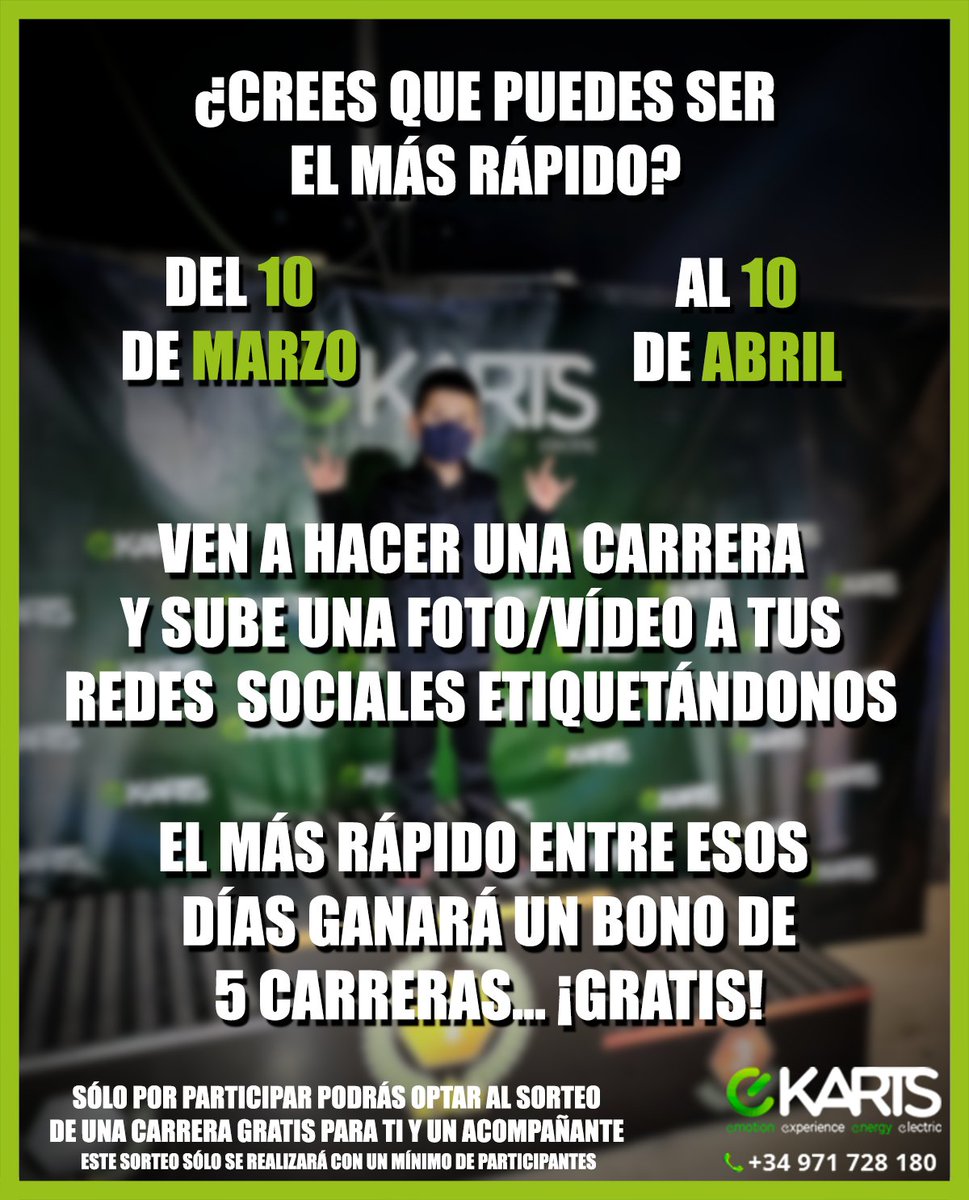 ¿Quieres GANAR un BONO de 5 CARRERAS GRATIS?

Sólo tienes que venir, marcar un tiempo entre el 10 de Marzo y el 10 de Abril, etiquetarnos en Instagram, Facebook o Twitter, en una foto o vídeo que hagas uno de los días que vengas, y ya estarás participando.

#ekarts #electrickarts