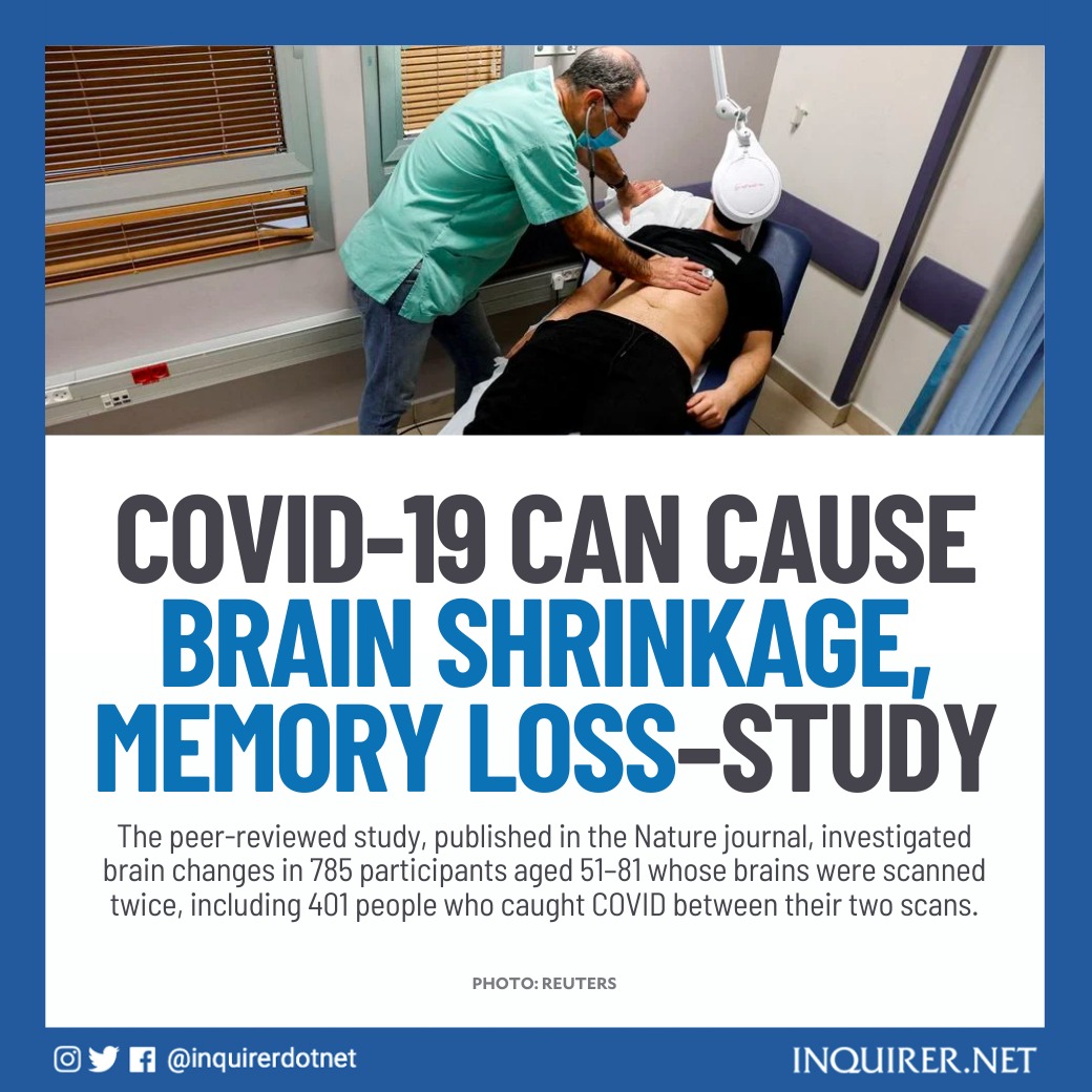 COVID-19 can cause the brain to shrink, reduce grey matter in the regions that control emotion and memory, and damage areas that control the sense of smell, an Oxford University study has found.

READ: inq.news/jf7YNhN