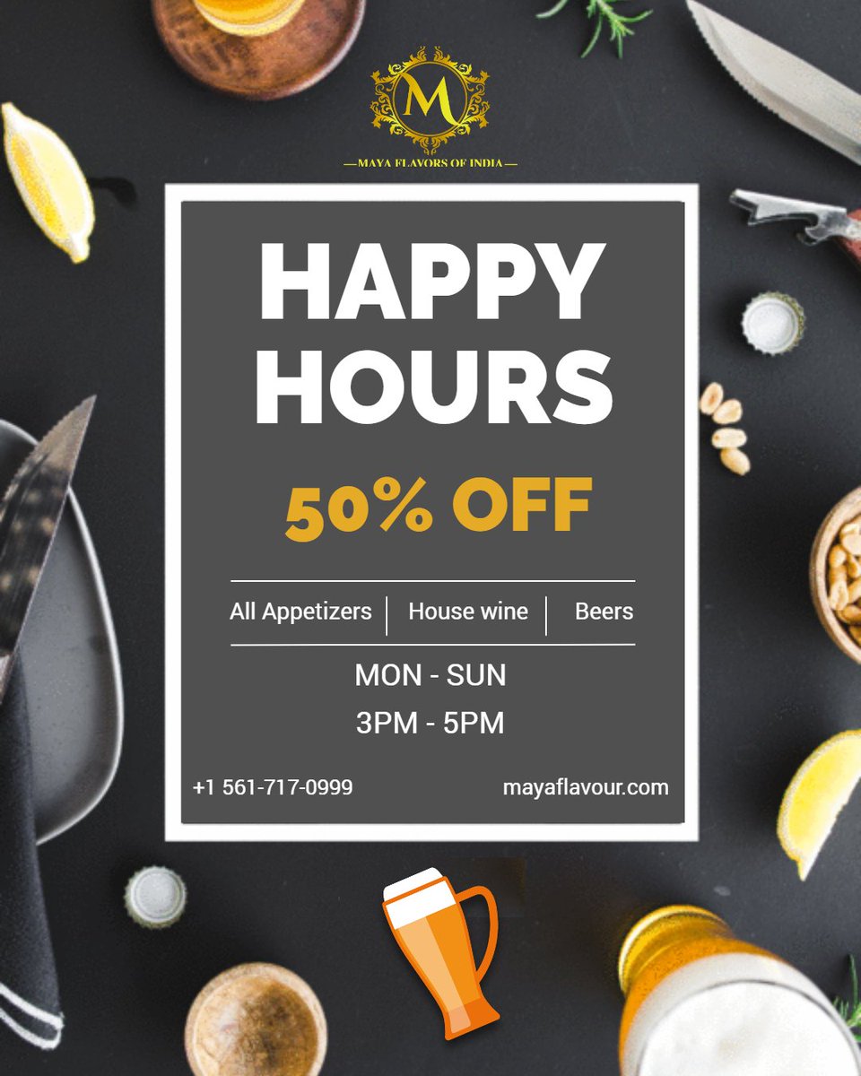 MayaFlavors's tweet photo. HAPPY HOURS!!
50% OFFER FOR ALL APPETIZERS, HOUSE WINE AND BEER
MONDAY-SUNDAY 3PM-5PM
https://t.co/FznMB3I4NG
Call to Order: +1 561-717-0999
#mayaboca #BocaRatonFL #Mayaflavor #foodporn #restaurants   #happyhours   #MayaFlavorofIndia 
#bestrestaurantinbocaraton #lunch #delicious https://t.co/FK0Zf6VEMg