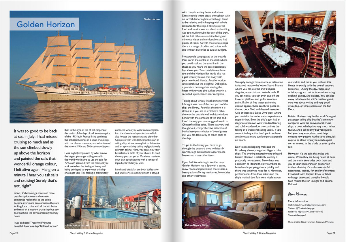 A fabulous piece in <a href="/YourHolidayMag/">Holiday & Cruise Magazine</a>  which perfectly depicts what life on board our beautiful ship, Golden Horizon is like! 

en.calameo.com/read/003125661…

Interested in a voyage? Call 01473 932060 or visit tradewindvoyages.com

#TradewindVoyages #GoldenHorizon #Cruise #sailing