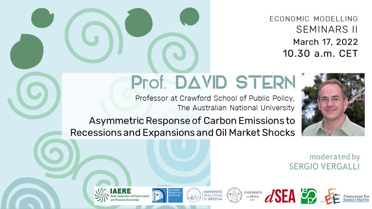EcoModelSeminar's tweet photo. New Online Seminar📅March 17, 2022 ⌚️h. 10:30 AM CET (UTC+1) - Prof. David Stern @ANUCrawford will present Asymmetric Response of Carbon Emissions to Recessions and Expansions and Oil Market Shocks. 
Registration here: https://t.co/Ct0g0YmR8v https://t.co/15QjpMDpuU