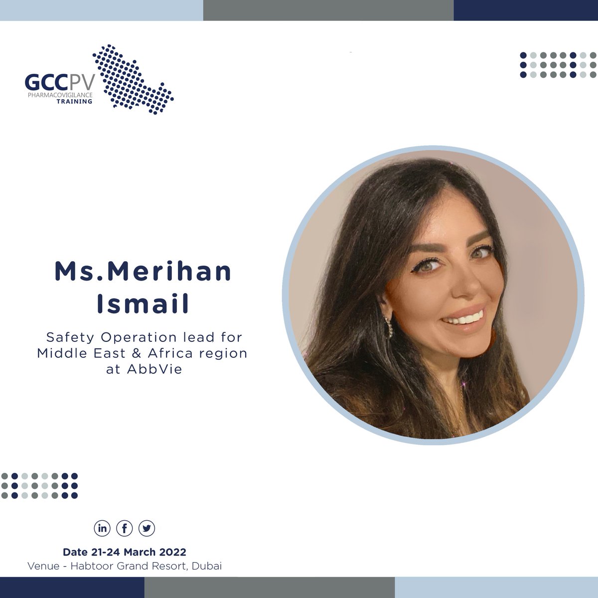 GccPharma's tweet photo. We're excited to announce that Ms. Merihan Ismail , the Safety Operation Lead for #MiddleEast & #Africa Region at @AbbVie, will be one of our speakers at the #GCC #Pharmacovigilance #training this year!
Register at: https://t.co/iZQ1alpKlL
#GCCPVTraining #pharma #PVTraining https://t.co/RcsyOpM6DP