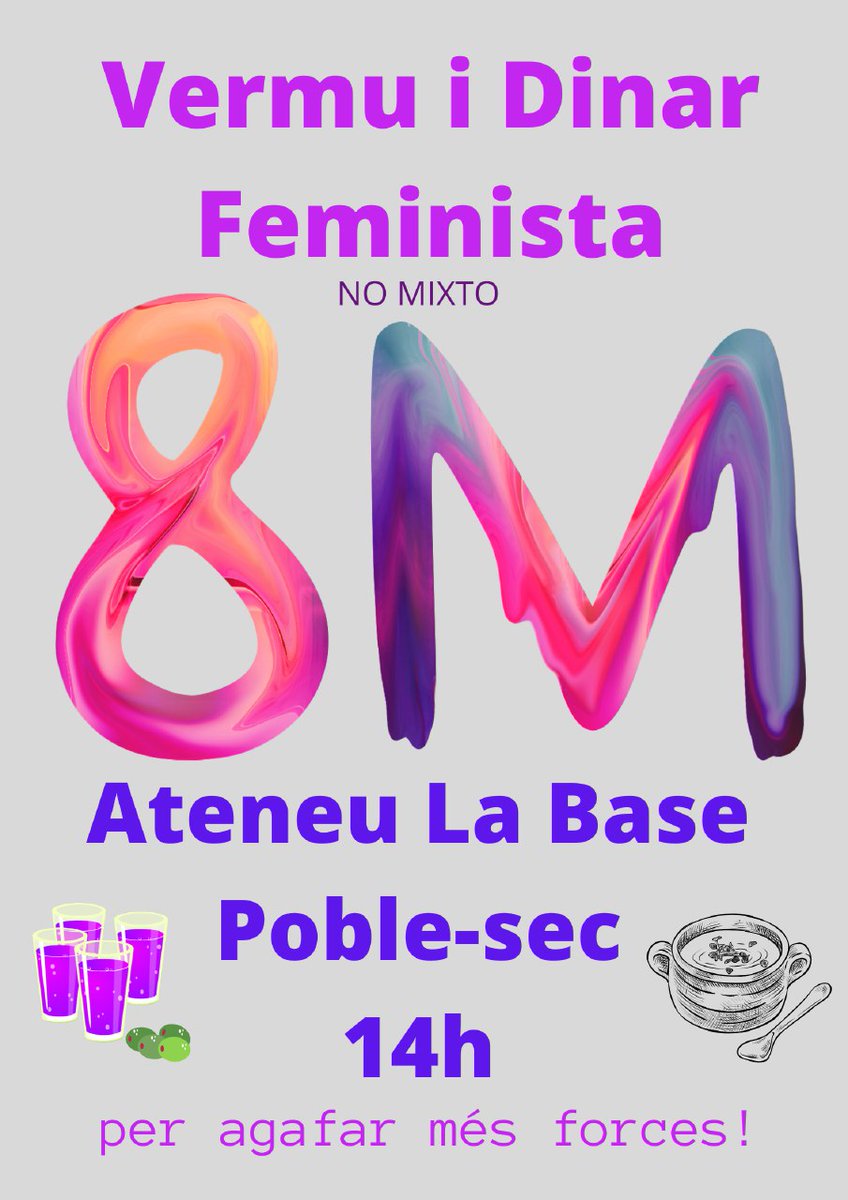 BarriFeminista's tweet photo. Atenció, canvi d'ubicació!!

11h Performance 56 niñas (Colom)
14h Vermut i dinar comunitari (La Base)
16h Pachanga feminista combativa amb Dj Nos quedamos (Plaça del Setge) 
17h Castelleres + Columna cap a la mani unitària (Plaça Bella Dorita)

Ens veiem als carrers #8mpoblesec https://t.co/yBhCoYC8aP