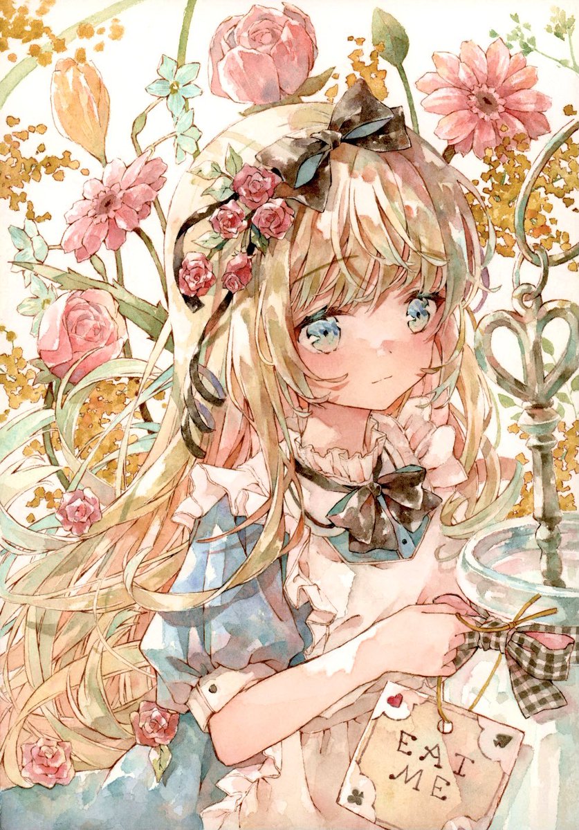 1girl long hair flower blonde hair solo apron dress  illustration images