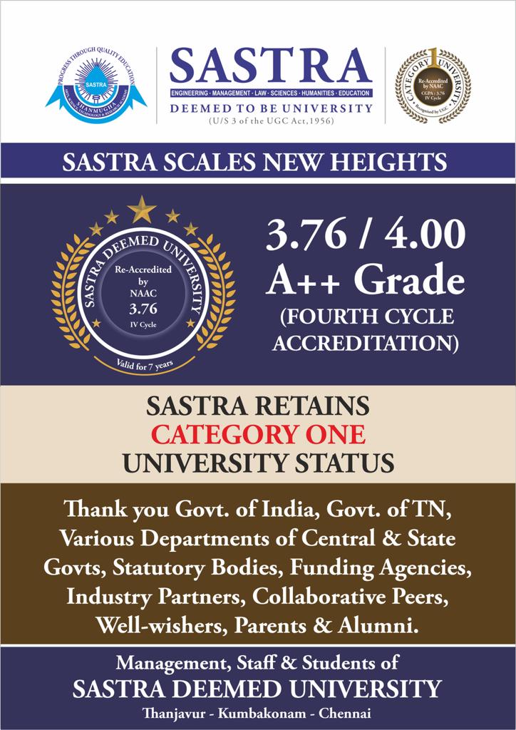 SASTRA Deemed University (@sastrauniv) on Twitter photo .<a href="/SastraUniv/">SASTRA Deemed University</a> announces with pride & pleasure the Award of A++ (Maximum) grade by NAAC with a score of 3.76 in the 4th cycle accreditation. Thank you all for your support & encouragement. Assuring our best at all times. <a href="/EduMinOfIndia/">Ministry of Education</a> <a href="/ugc_india/">UGC INDIA</a> <a href="/AICTE_INDIA/">AICTE</a> .<a href="/SastraUniv/">SASTRA Deemed University</a> announces with pride & pleasure the Award of A++ (Maximum) grade by NAAC with a score of 3.76 in the 4th cycle accreditation. Thank you all for your support & encouragement. Assuring our best at all times. <a href="/EduMinOfIndia/">Ministry of Education</a> <a href="/ugc_india/">UGC INDIA</a> <a href="/AICTE_INDIA/">AICTE</a>