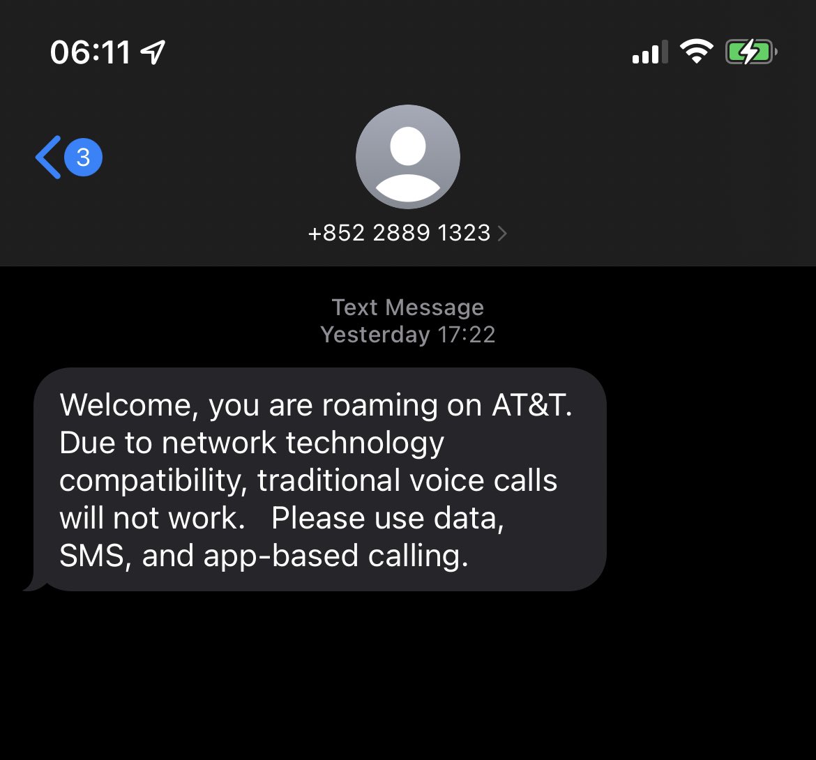RobinStrahan's tweet photo. @eir Currently in NYC, but phone won’t connect to local provider for calls or SMS. I don’t need data roaming, just ability to call and text. Got this text from AT&amp;T. Any help? https://t.co/swyAKhYle7