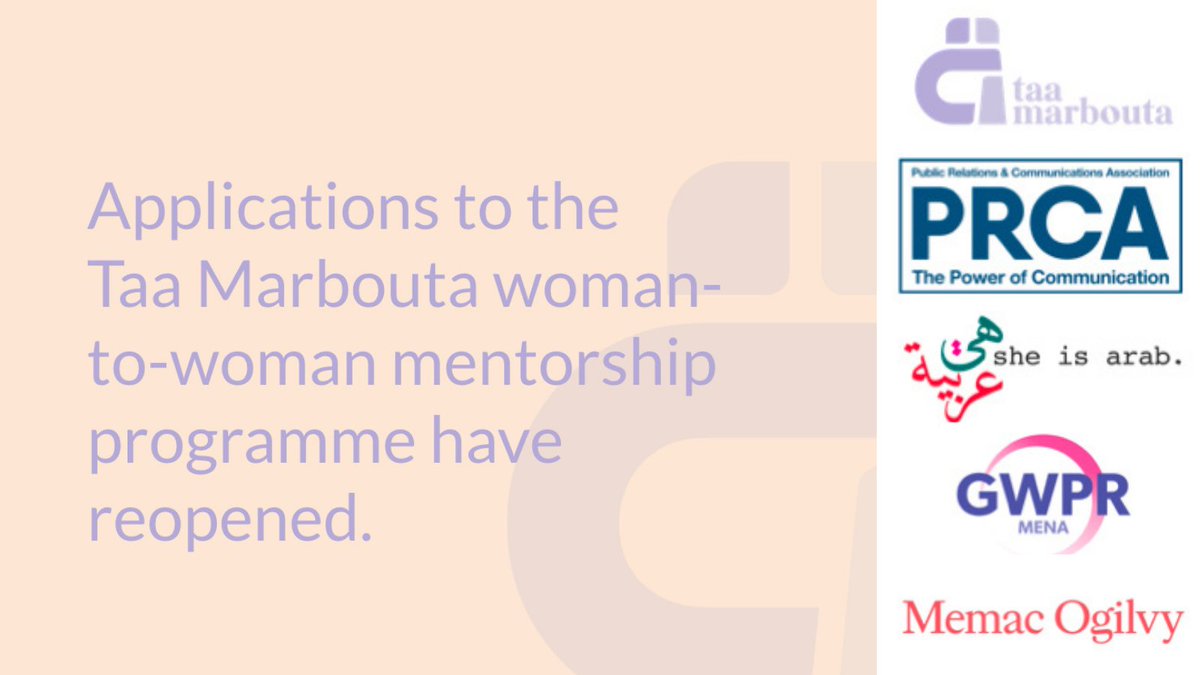 Join us to help #changethenarrative on women’s mentorship in PR as we reopen applications for Taa Marbouta, our woman-to-woman mentorship program launched in partnership with GWPR. 

Be a part of our mission; sign up today at prca.mena.global/taa-marbouta/

<a href="/oglivy/">Ian Oglivy</a> <a href="/gwpr/">graham weaver</a> <a href="/sheisarab/">She is Arab</a>