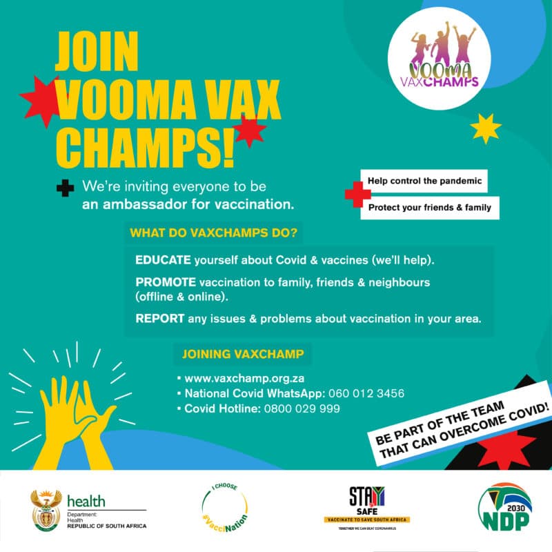 GautengTreasury's tweet photo. #WellnessWednesday Are you interested in becoming a Vax Champ? Anyone can become one in any of three ways: Check the website at https://t.co/yFXA2aOp7e OR use the NDOH Covid WhatsApp system on 060 012 3456 OR call the Hotline 0800 029 999. #Covid19SA #StayHomeSA #VaxChamp https://t.co/athr7RHvY5