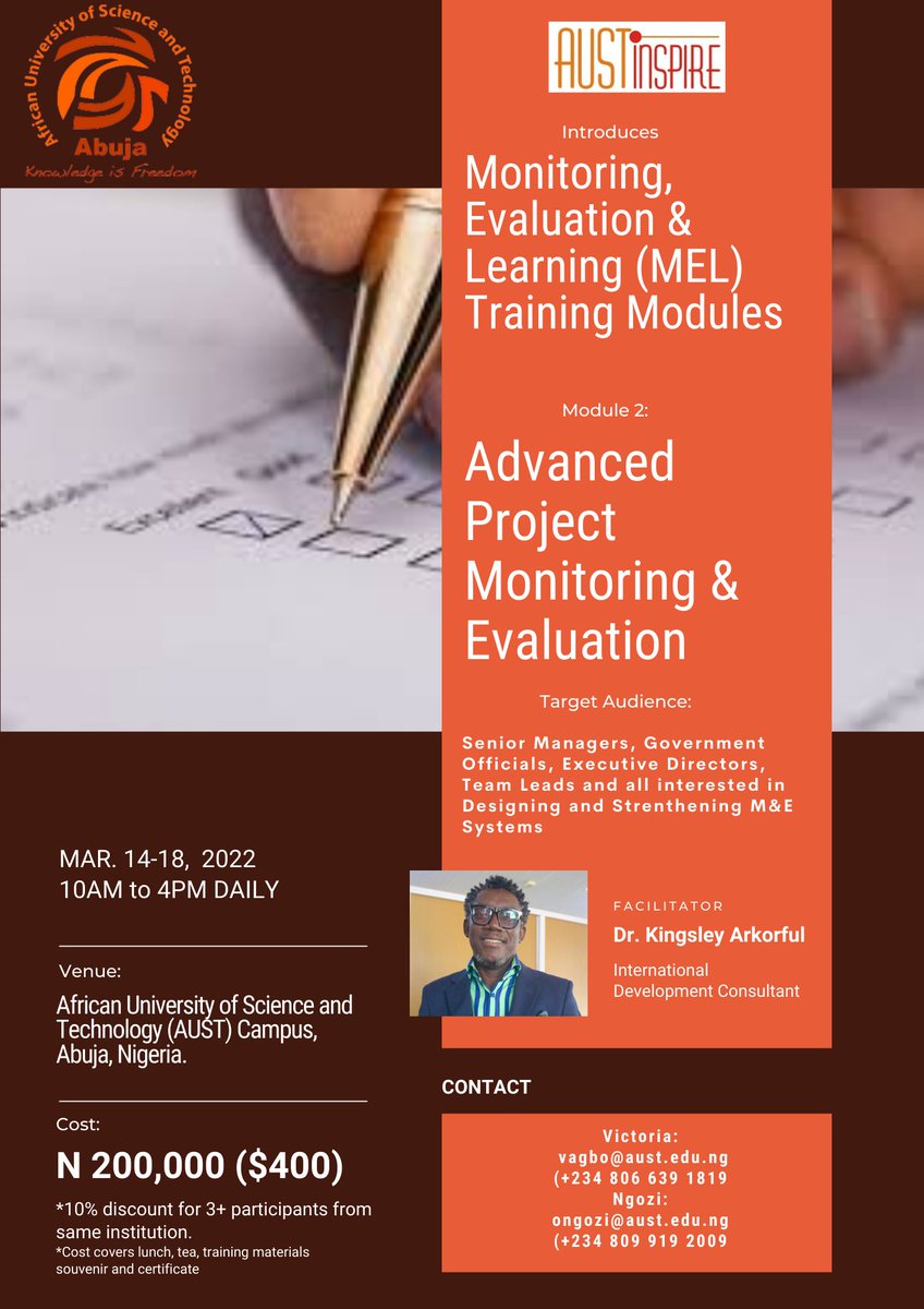 inspire_aust's tweet photo. Monitoring, Evaluation &amp; Learning (MEL) Training Modules: Advanced Project Monitoring and Evaluation, starts March 14, 2022.

To register for this short course, please click here: https://t.co/kqtjlGOl7U https://t.co/NLnmxFLTqe
