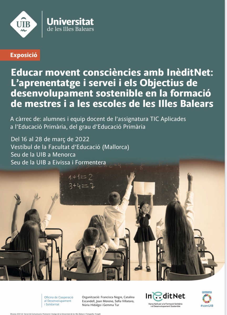 ineditnetuib's tweet photo. Dia 16 de març començen les exposicions a la #UIB on els alumnes ens faran una xerrada sobre #ApS i #ODS en la formació dels mestres📖📖🥸 https://t.co/HL6bbfBFJ1