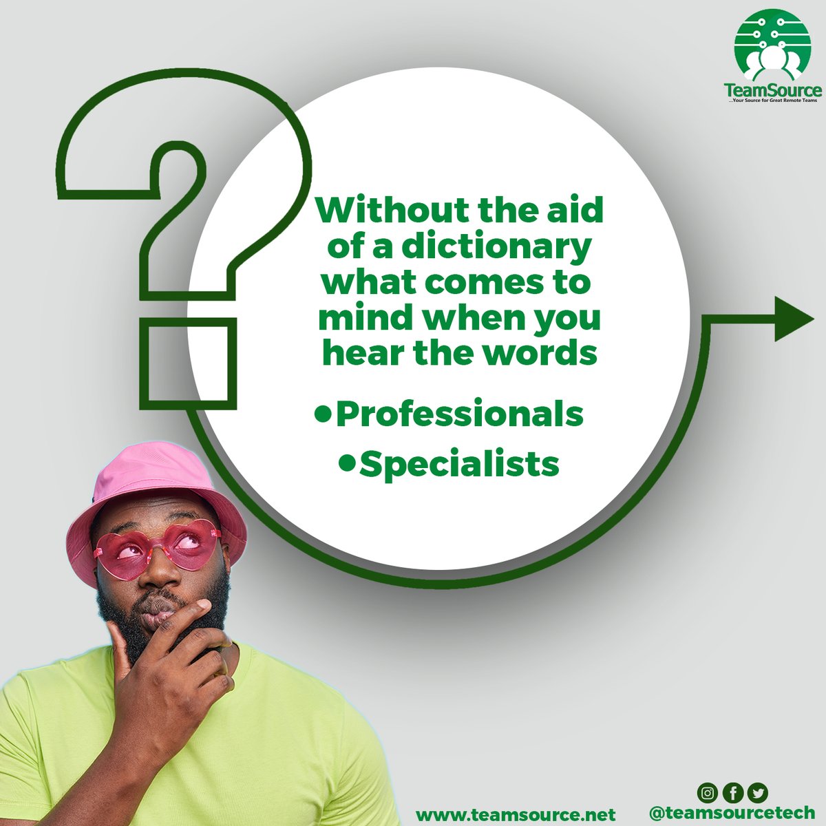 teamsourcetech's tweet photo. Without the aid of a dictionary, what comes to mind when you hear the words...
- Professionals
- Specialists
Let's discuss in the comment session..
#bpo #outsourcing #teamsource #specialist https://t.co/t9S9MJeTu6
