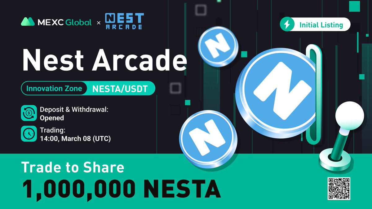 MEXC's tweet photo. MEXC will list @TheNestArcade in the Innovation Zone under $NESTA/USDT trading pair.

✅Deposit &amp; Withdrawal: Opened
✅Trading: 14:00 Mar 8 (UTC)

🏆Trade to Share 1,000,000 $NESTA

Details: https://t.co/Wjv2lLernj

💚Sign up: https://t.co/7myGaI4u3d

#NestArcade #MEXCGlobal https://t.co/0v3fZNNsRh