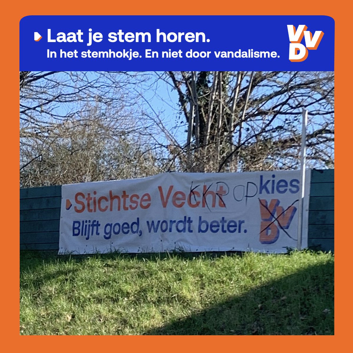 Onze spandoeken zijn voor de tweede keer in 1 week tijd beklad. Wij roepen iedereen op om jouw stem te laten horen op 14, 15 of 16 maart. In het stemhokje. En niet door andermans spullen te bekladden. Voor vandalisme is geen plek in <a href="/StichtseVecht/">Gemeente Stichtse Vecht</a>.