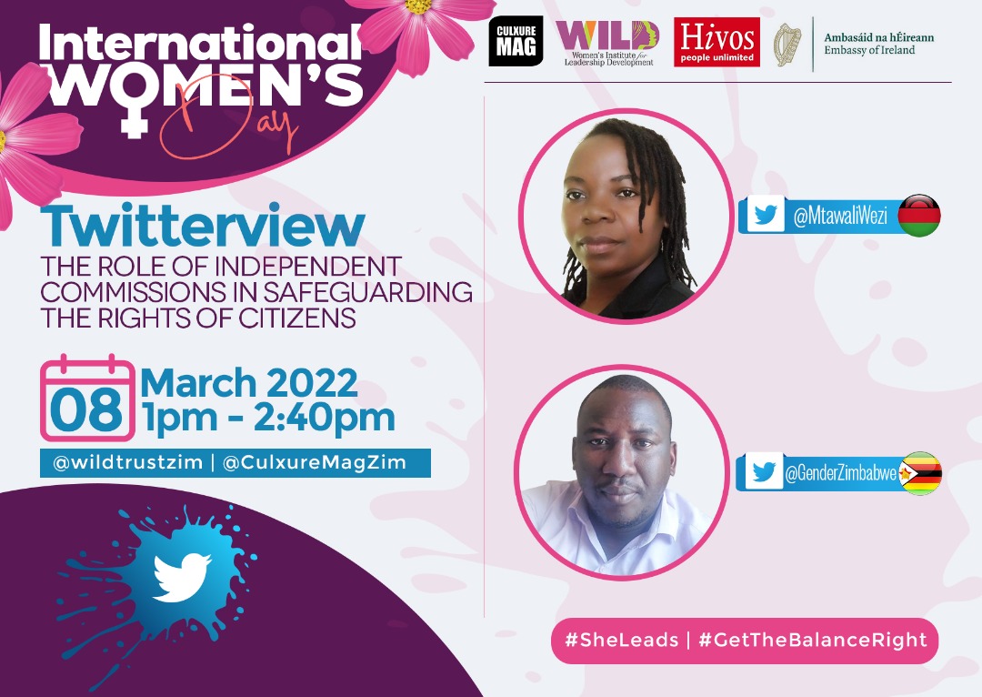 wildtrustzim's tweet photo. Currently being featured in today's Twitterview is @MtawaliWezi 🇲🇼 and @DalubuhleSiba10 🇿🇼 from @GenderZimbabwe who are tackling a discussion on the role of independent Commissions in Safeguarding the rights of citizens #SheLeads
#GetTheBalanceRight
@HivosWiL
@hivos
@CulxureMag https://t.co/9pHS8bkOoh
