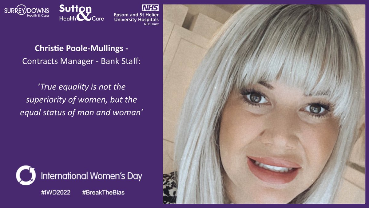 esthLISeducat's tweet photo. Next up we have the fabulous @CPooleCertRP Contracts Manager for #BankStaff @epsom_sthelier. Celebrating #IWD2022 with a quote that inspires her and fits the #BreakingTheBias theme from Mercedes Joubert. https://t.co/eLcnswsMRr