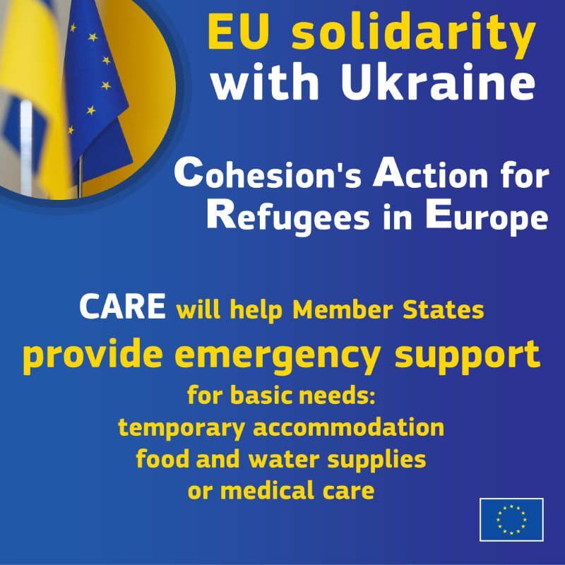 EUinmyRegion's tweet photo. CARE: Cohesion's Action for Refugees in Europe🇪🇺

Increasing flexibility in the 2014-2020 #CohesionPolicy rules to swiftly provide emergency support to people fleeing from Russia’s invasion of Ukraine🇺🇦 and EU countries receiving them⤵️

#StandwithUkraine #EUSolidarity