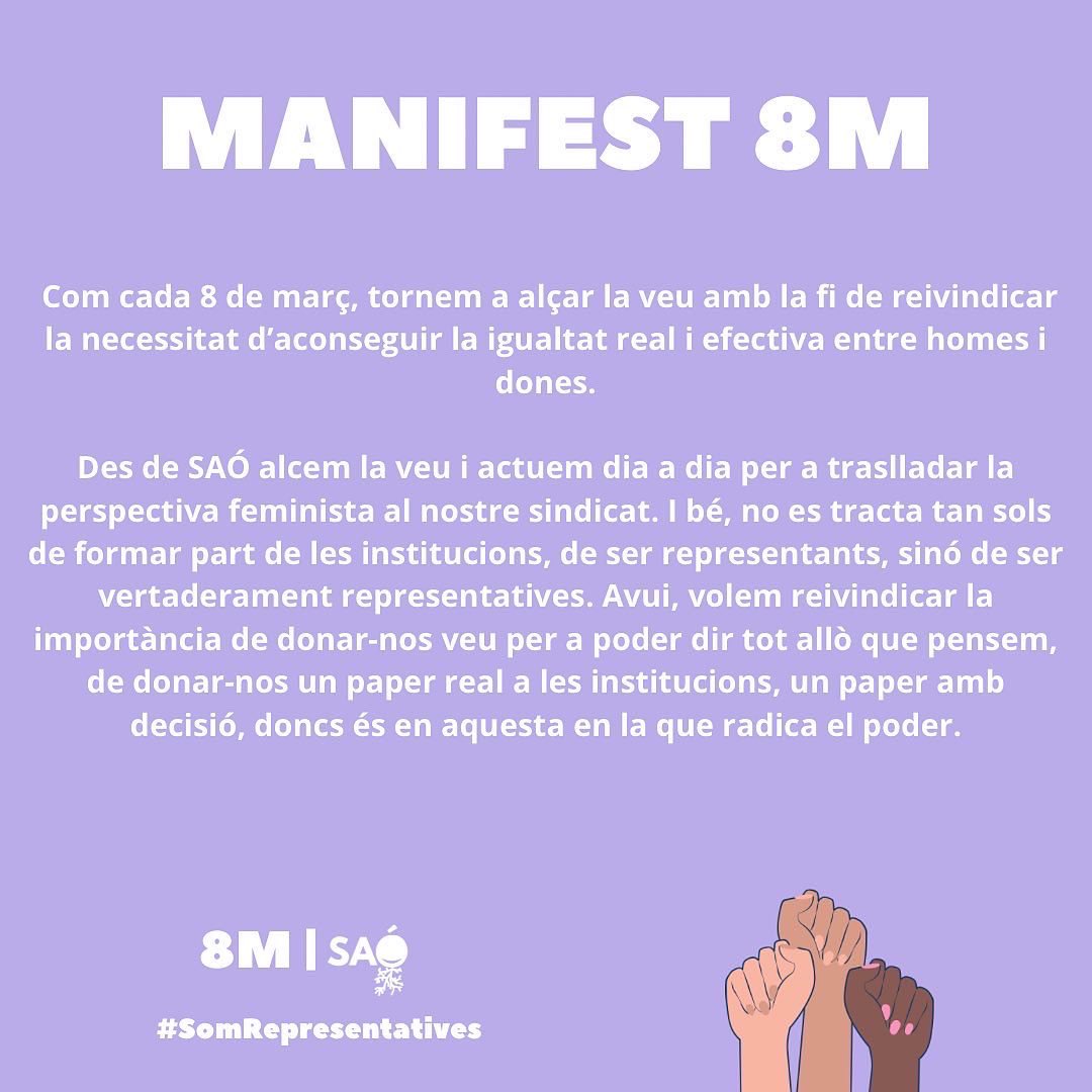 sao_uv's tweet photo. 8 de març, Dia Internacional de la Dona. Des de SAÓ volem alçar la veu per nosaltres i per totes les nostres companyes . Açí teniu el manifest amb el que reivindiquem que som representatives. ✊🏼💜 #SomRepresentatives https://t.co/uuF3F4GBAy